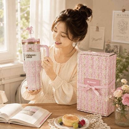 Woman holding a pink and white mug with a matching gift box on a table.