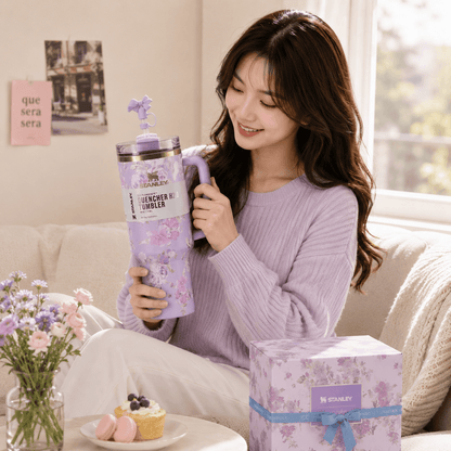 Woman holding a purple tumbler with floral design in a cozy living room.