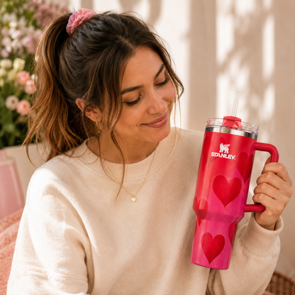 Woman holding a red Stanley mug with heart designs indoors