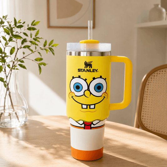 Yellow tumbler with cartoon character design on a wooden table.