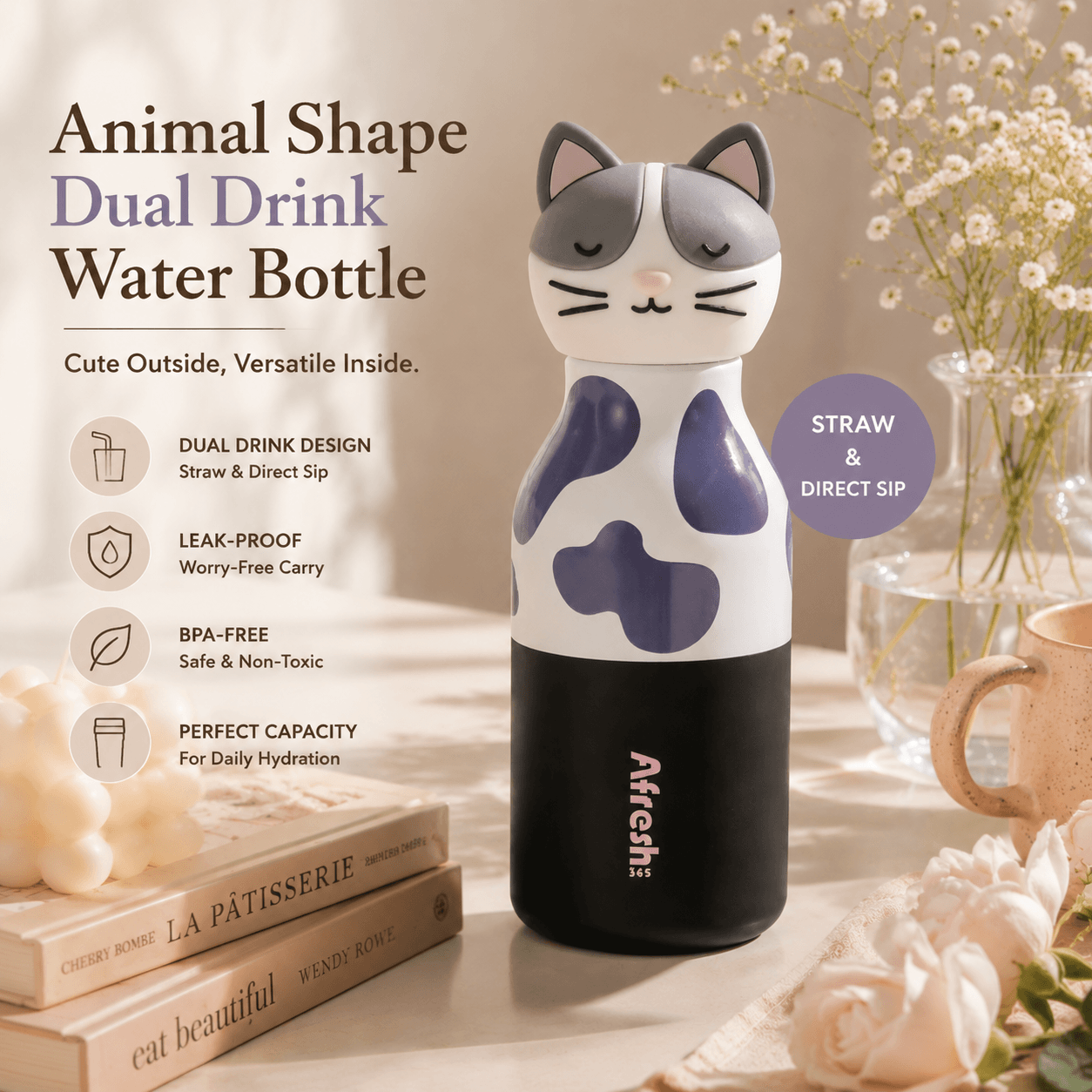 Cute Cat Dual-Drink Water Bottle