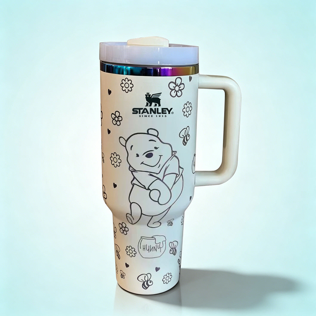 Stanley 40oz insulated tumbler featuring cute white bear illustrations, paw prints and floral accents