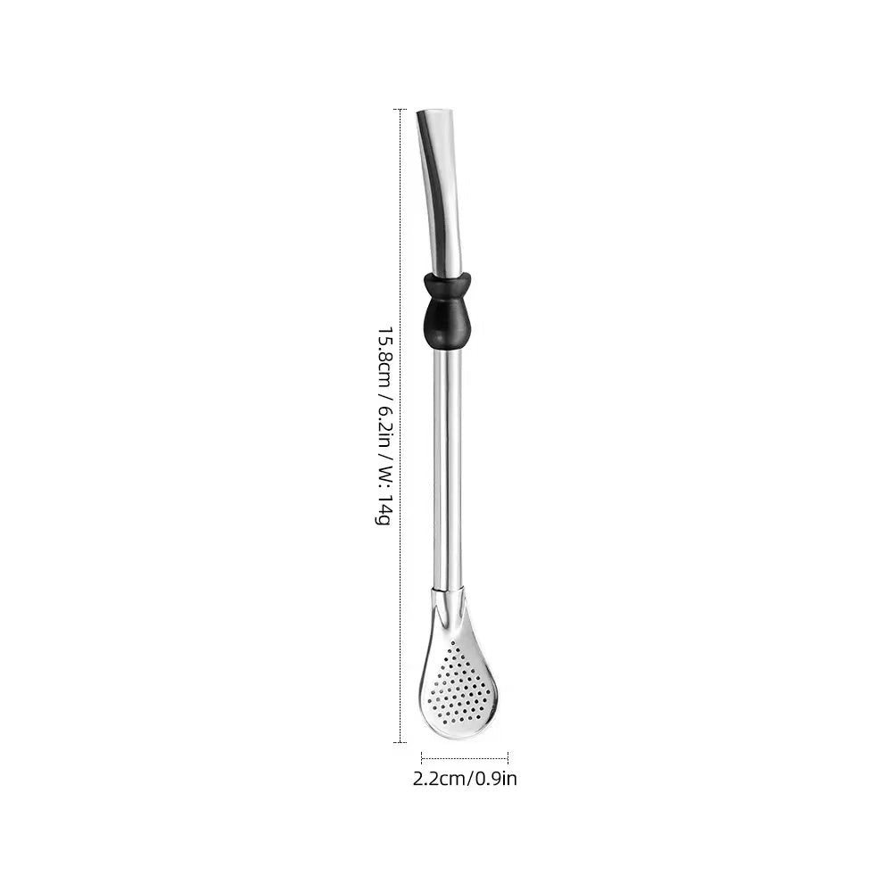 Reusable stainless steel yerba mate bombilla straw with built-in filter tip and black silicone grip detail