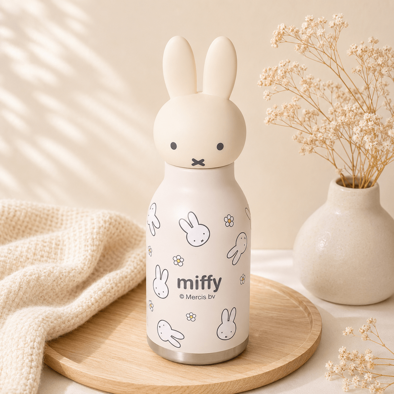 Miffy-themed water bottle on a wooden tray with a neutral background