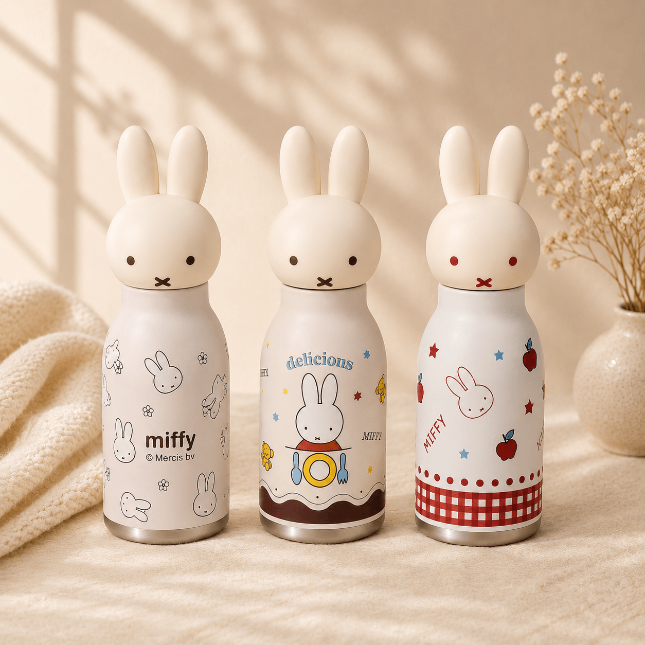 Three cartoon rabbit-shaped bottles with various designs on a neutral background