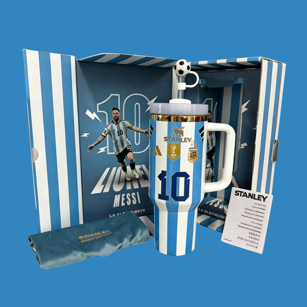 Stanley 40oz insulated tumbler featuring Lionel Messi design, Argentina blue and white stripes, number 10 jersey, includes matching Messi-themed gift box