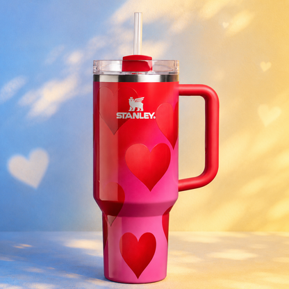 Stanley 40oz insulated tumbler with red heart design, pink gradient accents and matching straw, red ergonomic handle
